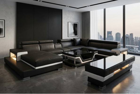 Ledercouch an U-Form am modernen Design fir d'Wunnzëmmer