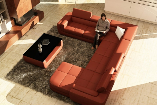 Polster Ledersofa Sofa + USB Wunnlandschaft U Form XXL Grouss Orangen Canapé Ecksofa