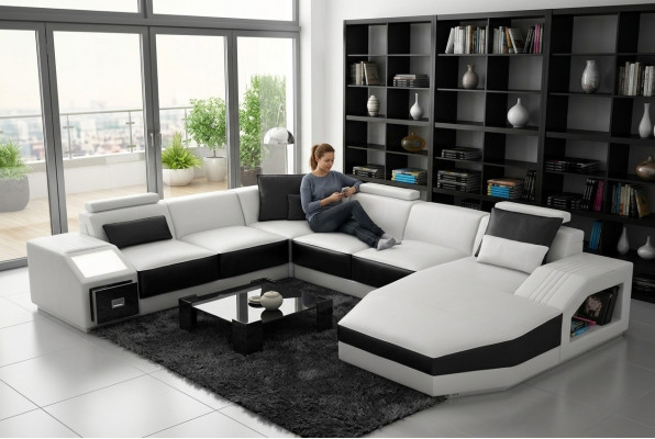 Wunnlandschaft Ecksofa Design Sofa mat USB Polster Sëtz Eck U Form Wäiss PHM110