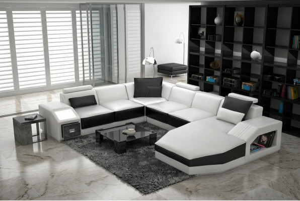 Wunnlandschaft Ecksofa Design Sofa mat USB Polster Sëtz Eck U Form Wäiss PHM110