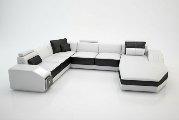 Wunnlandschaft Ecksofa Design Sofa mat USB Polster Sëtz Eck U Form Wäiss PHM110