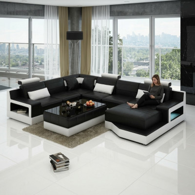 Ledersofa Ecksofa mat USB Design Garnitur Wunnlandschaft Eck Sëtz Polster Ulm