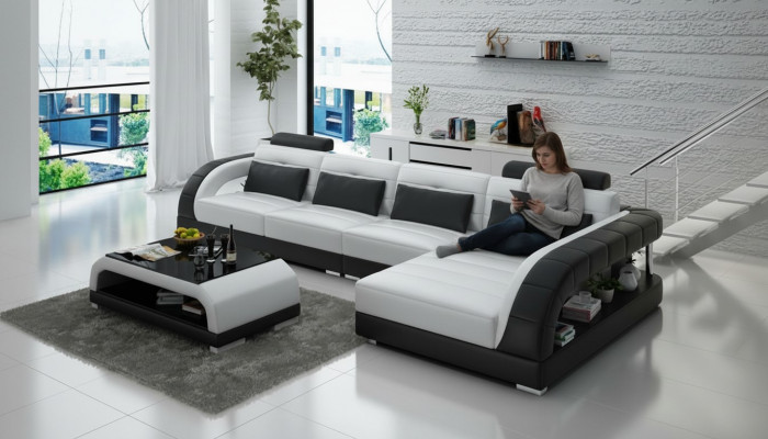 Ledersofa USB Wunngarnitur Eckkanapé Eck Garnitur Design Moderne Sofa G8012C Nei