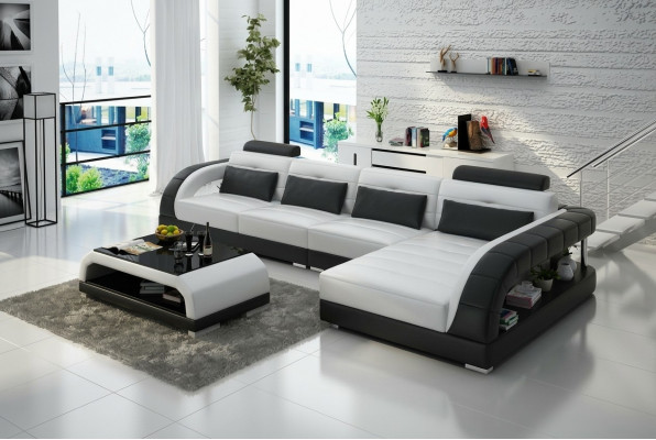Ledersofa USB Wunngarnitur Eckkanapé Eck Garnitur Design Moderne Sofa G8012C Nei