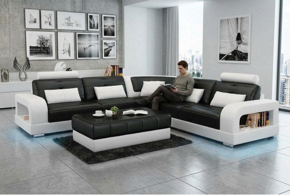Ledersofa USB Wunnlandschaft Eckcanapé Eck Garnitur Design Canapé Couch L6008B Nei