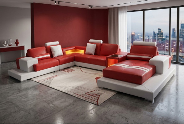 Ledercouch Couch Wunnlandschaft Garnitur Design Modern Canapé U-Form mat USB Liicht