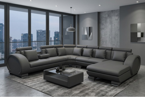 Eckledersofa +USB Couchpolster Sëtz Wunnlandschaft Design XXL U Form Garnitur