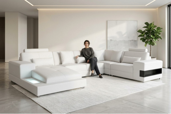 Ledersofa Canapé Wunnlandschaft Eck Garnitur Design Modern Sofa U-Form mat USB