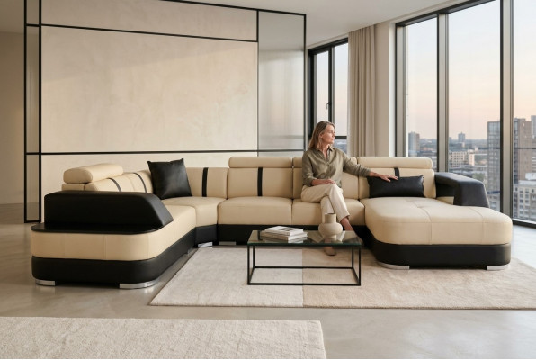 Wunnlanschaft Designer Sofa mat USB Grouss Polster Lieder Sofas Eck Sëtz Schwaarz