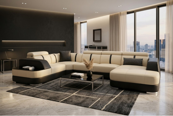 Wunnlanschaft Designer Sofa mat USB Grouss Polster Lieder Sofas Eck Sëtz Schwaarz