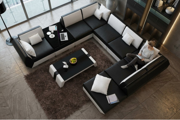 XXL Wunnlandschaft Ledersofa Design Polster Garnitur Canapé Ecksofa Grouss Sofa +USB