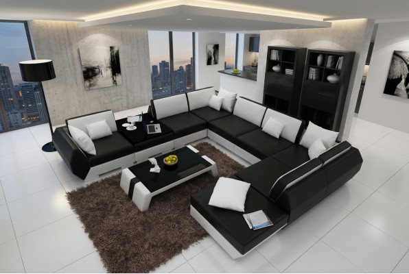 XXL Wunnlandschaft Ledersofa Design Polster Garnitur Canapé Ecksofa Grouss Sofa +USB