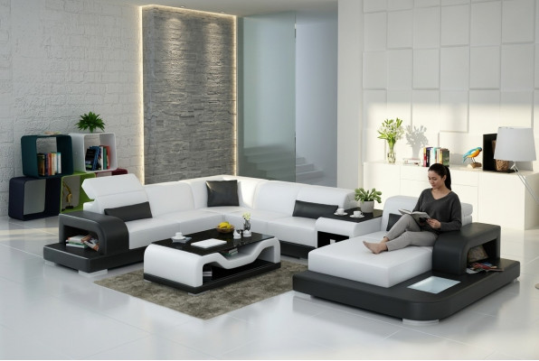 Ecksofa Canapé + USB Këssen Wunnlandschaft Polstereck Designsofa Ledercanapé Nei