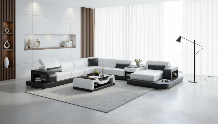 Ecksofa Canapé + USB Këssen Wunnlandschaft Polstereck Designsofa Ledercanapé Nei