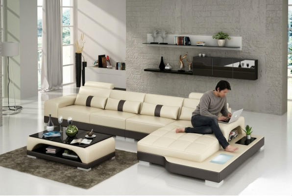 Ledersofa Couch Wohnlandschaft Ecksofa Eck Garnitur Design Modern Sofa mat USB Nei EU