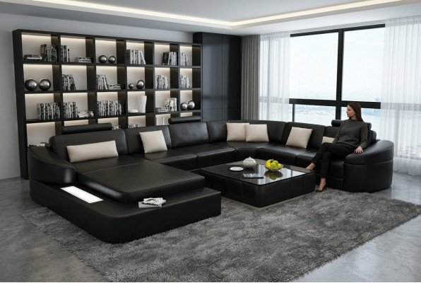 Luxus Lieder Sofa Polster Modern Sëtz Garnitur Eckcouch Wunnlandschaft LED USB