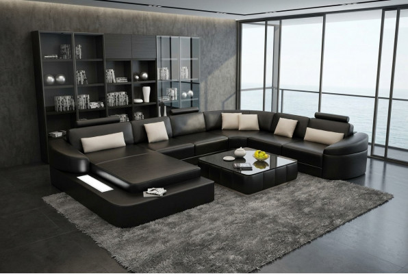 Luxus Lieder Sofa Polster Modern Sëtz Garnitur Eckcouch Wunnlandschaft LED USB