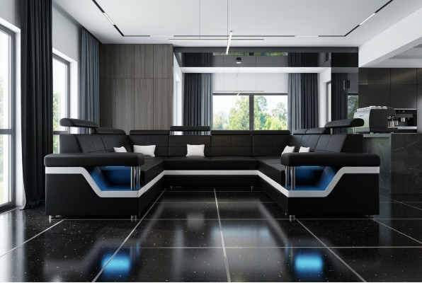 Ledersofa mat USB Grouss XXL Canapé Ecksofa Wunlandschaft Canapé Polster Sëtz LED