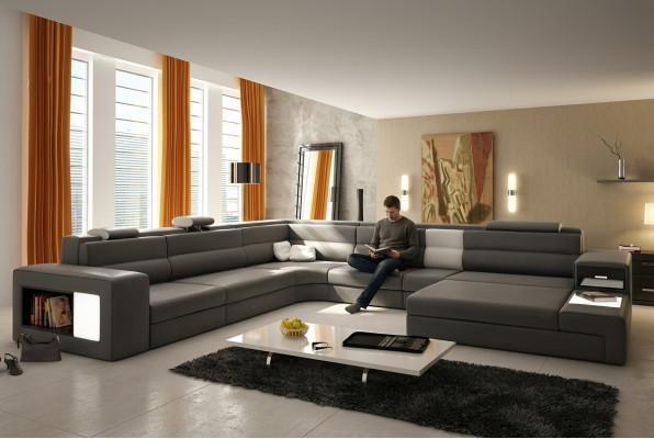Ecksofa Polstersofa mat USB Wunnlandschaft Sëtz Eck Garnitur Lieder Textil Couch