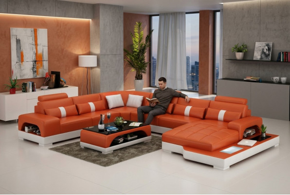 Ledercouch Couch Wohnlandschaft Ecksitzgrupp Eck Garnitur Design Modern Sofa mat USB