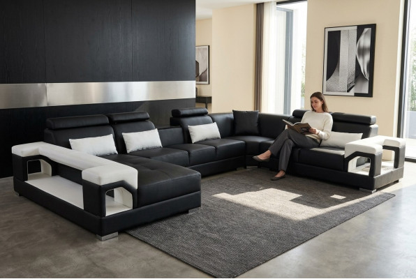 Komplett Set Këssen Ledersofa Wunnlandschaft Ecksofa Garnitur Modern Sofa USB