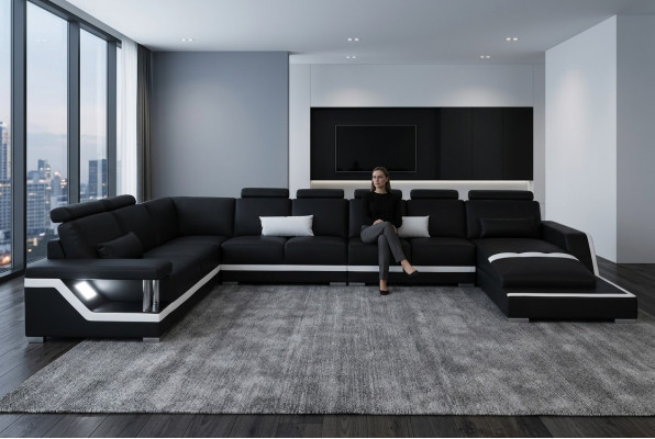 Ledersofa Wohnlandschaft Eck Garnitur Design Sofa U-Form + Chaise mat USB L6002