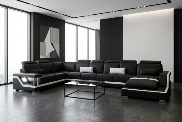 Ledersofa Wohnlandschaft Eck Garnitur Design Sofa U-Form + Chaise mat USB L6002