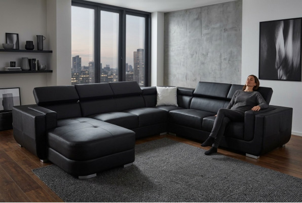 Designer Wunnlandschaft Eckcouch +USB Sofa Polster Ledersofa Sofasen Nei Schwaarz