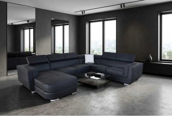Designer Wunnlandschaft Eckcouch +USB Sofa Polster Ledersofa Sofasen Nei Schwaarz