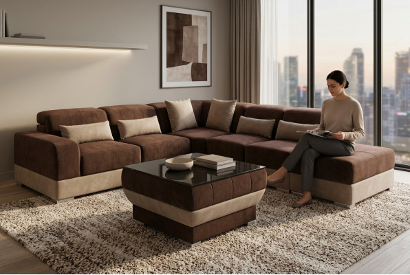 Lieder Eck Sofa Wunnlandschaft Garnitur Design Canapé Sofaen USB LED Brong + Dësch