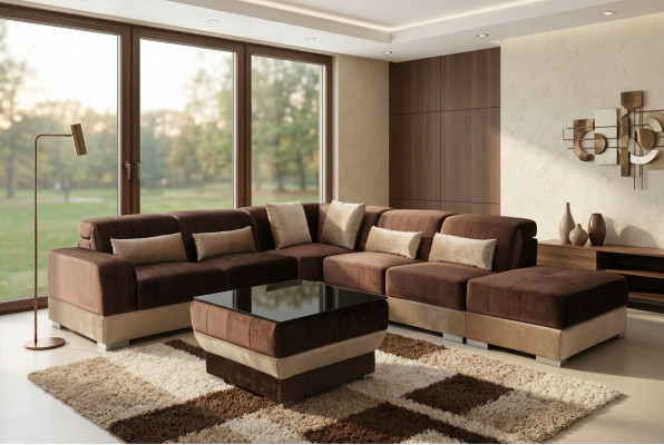 Lieder Eck Sofa Wunnlandschaft Garnitur Design Canapé Sofaen USB LED Brong + Dësch