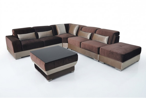 Lieder Eck Sofa Wunnlandschaft Garnitur Design Canapé Sofaen USB LED Brong + Dësch