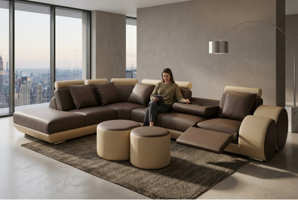 Grouss Ecksofa mat USB Lieder Garnitur Eck Landschaft Polster Wunnen L-Form Hocker