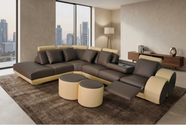 Grouss Ecksofa mat USB Lieder Garnitur Eck Landschaft Polster Wunnen L-Form Hocker