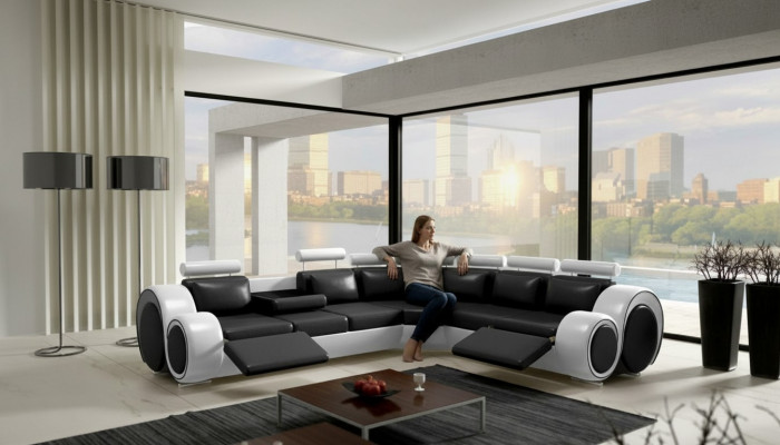 Ledersofa Eck Lieder Sofa USB Wunnlandschaft Polster Garnitur Schwaarz Wäiss Nei