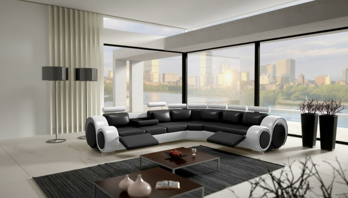 Ledersofa Eck Lieder Sofa USB Wunnlandschaft Polster Garnitur Schwaarz Wäiss Nei