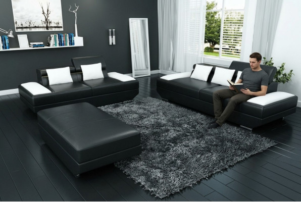 Sofasett Leder Sofagarnitur 3+2 mat USB Polster Sofa Set Garnitur Hocker Sofas -2719A