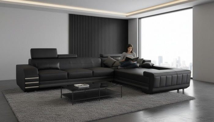 Eck-Ledersofa + USB Sëtzkëssen Setzt Garnitur Wunnlandschaft Design XXL L Form Ecke