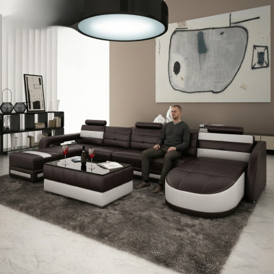 Ledersofa mat USB Ecksofa Designer Wunnlandschaft Sofa Canapé Sëtz U Form