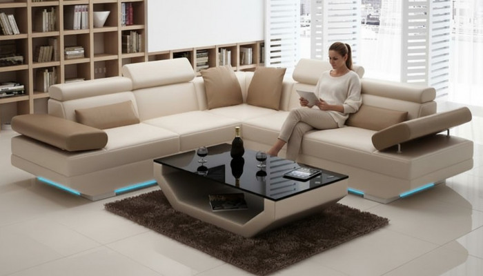 Ledersofa Canapé mat USB Wunnlandschaft Eckcanapé Garnitur Design Modern Canapé