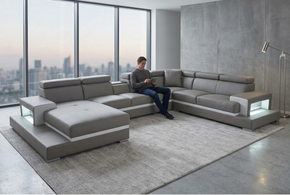 Modern Sofa Polster Wunnlandschaft Wunnzëmmer Polster Eck Couch USB + Luucht