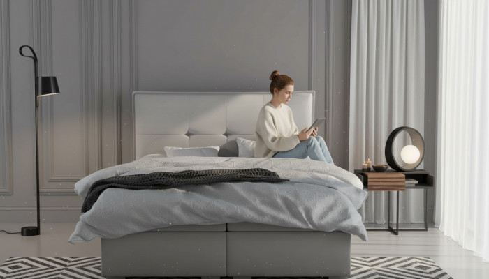 Boxspring-Bett Hotel Duebel Textil Grau Luxus Better Polster Bettkëscht Funktioun