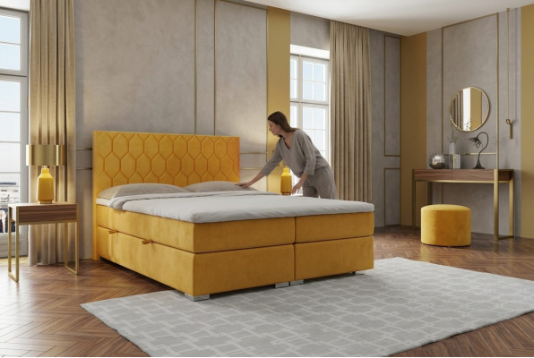 Boxspringbett Hotel Duebel Luxus Better Polsterfunktioun Bettkëscht Giel Samett