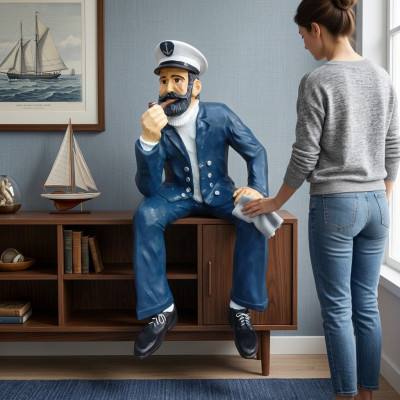 "Seemann Statu Skulptur Dekoratioun Sëtzende Statuen Figuren Ahoi Käpten 123 cm"