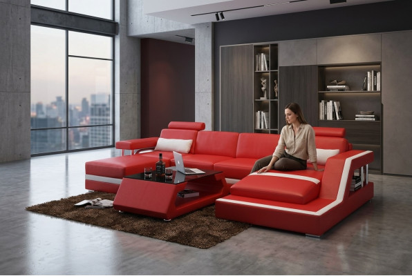 Designer Eckséi Sofa Wunnlandschaft Grouss Moderne Ledersofa + USB Couch Polster
