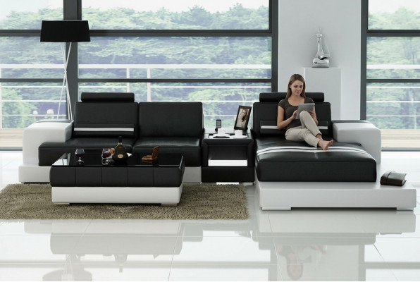 Ledersofa Ecksofa Sofa mat USB, Design Sëtz Polster Garnitur Wunnlandschaft 2725B