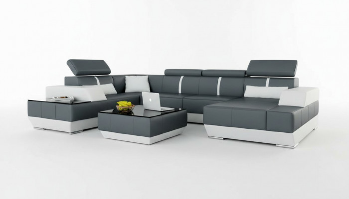Ledercouch + USB, Wunnlandschaft Sofa Ecksofa Eckcouch Ledersofa Polder Eck NEI
