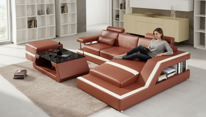 Ledercouch mat USB Wunngéigend Eckcouch Eck Garnitur Design Moderne Couch L6002E