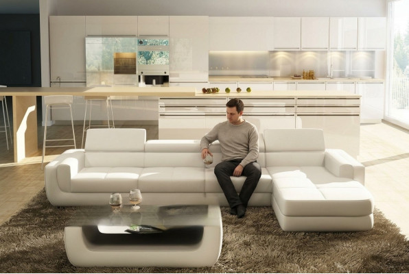 Eckcouch Ledersofa USB Wunnlandschaft L Form Couch Polster Sëtz Eck Tettau Wäiss