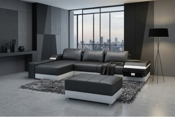 Ecksofa + USB Eck Sofa Couch Polster Lieder Garnitur Wunnlandschaft Chaiselongue